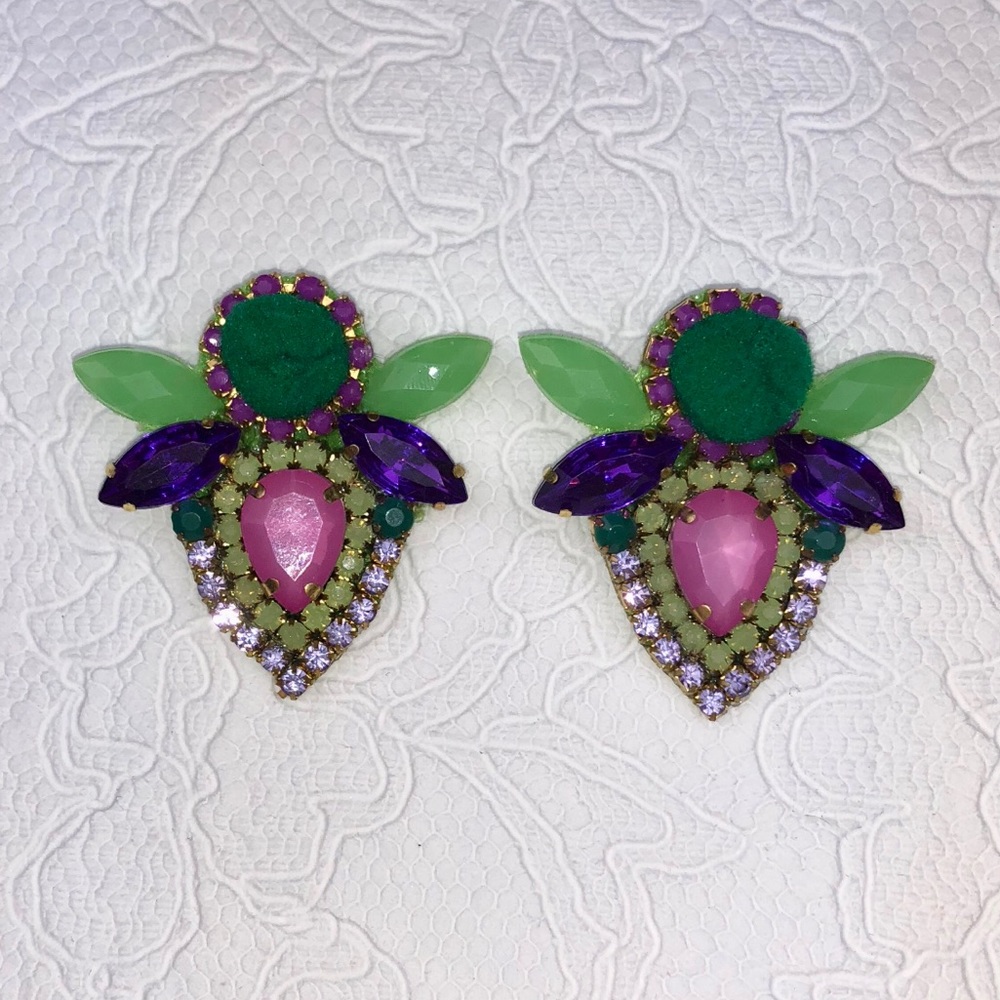 Green Purple Wasp Stud Shiny Statement Earrings